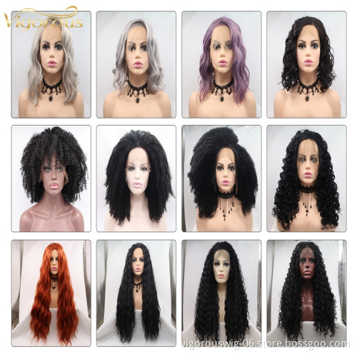 Vigorous black pink red bob curl wholesale heat resistente short cheap synthetic hair wig with lace